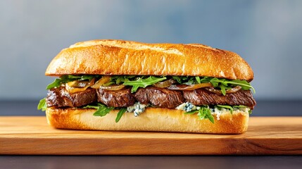 Gourmet beef sandwich with arugula, blue cheese, and caramelized onions, served on ciabatta