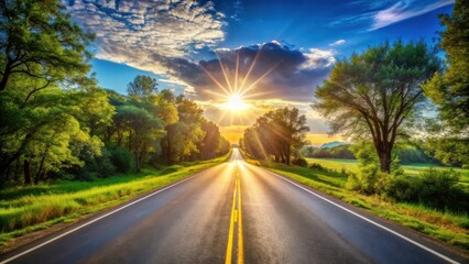 Fototapeta premium A winding asphalt road stretches out before a brilliant sunrise, leading through a lush green landscape dotted with trees and a hint of distant mountains.