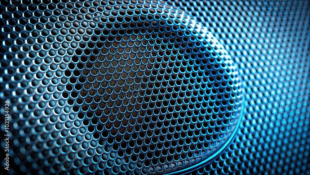 Poster a close-up view of a blue speaker grille, revealing the circular pattern of the holes and the inner 