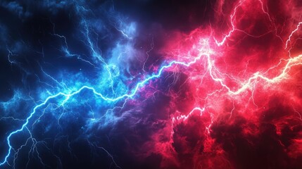 A dramatic clash of blue and red lightning bolts illuminating a stormy sky, creating a powerful and vibrant atmosphere.