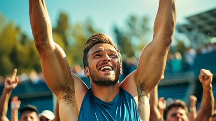 A young Caucasian male athlete in a blue tank top celebrates triumphantly at a daytime sporting event, surrounded by a cheering crowd. The mood is joyful, capturing a moment of victory and human