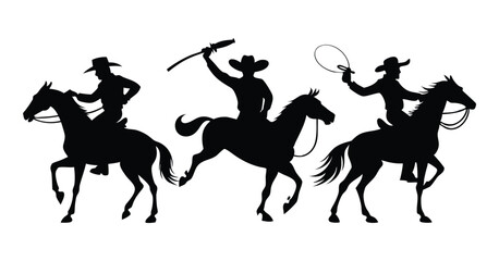 Silhouette of Cowboys in Action Riding, Shooting, and Whipping on Horseback