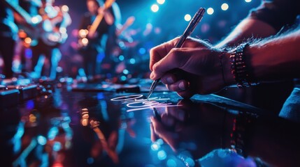 an autograph reflected in a celebratory atmosphere, where a band is signing merchandise for fans after a live concert