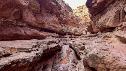A lone male hiker navigates the steep, red rock formations of Cathedral Wash in Arizona. The vastness of the red rock slot canyon walls evokes a sense of adventure and awe - USA