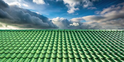 Fototapeta premium A verdant roof of interlocking tiles against a backdrop of dramatic clouds