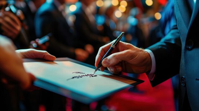 an autograph depicted by a celebrity signing a poster for enthusiastic fans at a movie premiere event