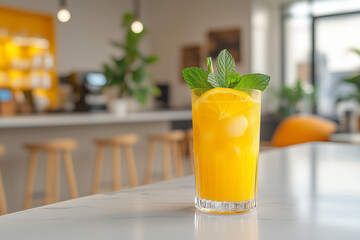 Glass of orange juice with mint in a modern cafe