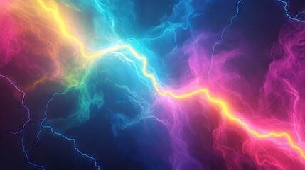 A vibrant display of electric colors in a dynamic abstract design, featuring bright blue, pink, and yellow lightning patterns.