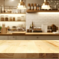 A warm and inviting café interior with a wooden countertop and shelves filled with jars and bottles.