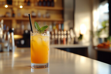 Glass of orange juice with mint in a modern cafe