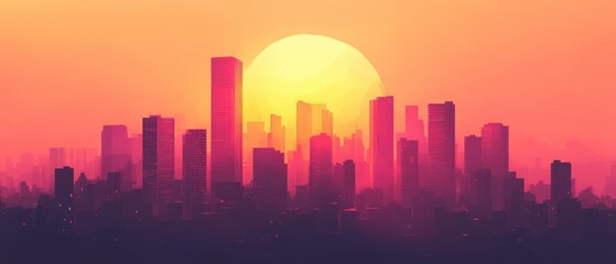 Fototapeta premium Silhouette of a city skyline at sunset, bathed in vibrant orange and pink hues.