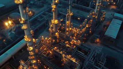 Aerial view of an industrial complex at night, showcasing illuminated pipes and towers in a vibrant display of orange and blue hues.