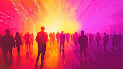 Fototapeta premium Silhouetted figures walk through a vibrant, abstract scene filled with warm hues of orange and pink.