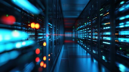 a secure server room with bright LED indicators, symbolizing the infrastructure behind data authentication and protection