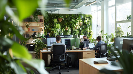 Green technology startup office, with developers coding on computers powered by renewable energy and using sustainable materials in their designs