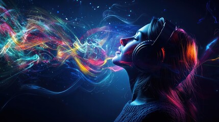auditory depicted by a person wearing headphones, deeply immersed in music as soundwaves visually radiate from the speakers