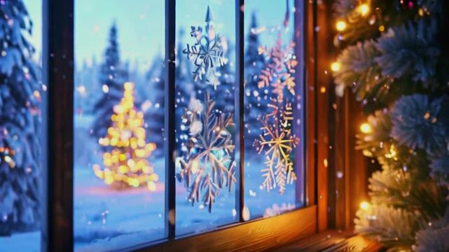 A frosty window snowy landscape Christmas tree and lights outside. The window fogs up, and then “Merry Christmas and Happy New Year”, 4k High-Quality background Animation Video