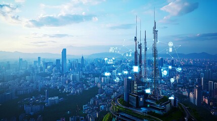 Fototapeta premium A futuristic skyline with communication towers, showcasing technological advancement and a digital overlay in a vibrant urban environment.