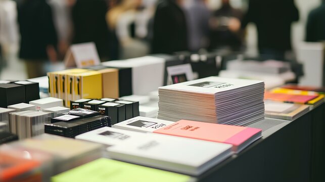 A vibrant display of creatively designed stationery and packaging items on a table, surrounded by people at a bustling event.