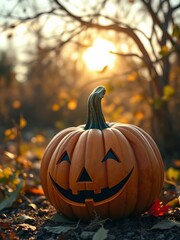 Halloween funny cartoon pumpkin on a sunny day against the backdrop of nature halloween backdrop