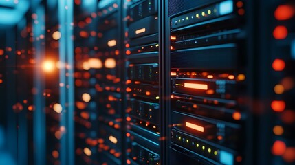A detailed view of server racks illuminated by colorful lights, showcasing high-tech data storage and processing equipment.