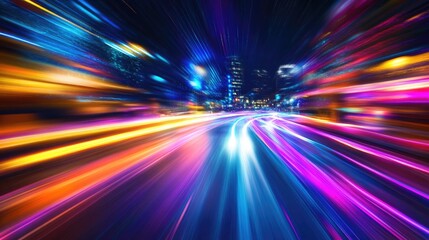 Obraz premium A vibrant, dynamic cityscape at night, featuring streaks of colorful lights and a sense of rapid movement.