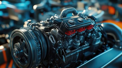 Fototapeta premium Close-up of a detailed car engine, showcasing its intricate design and modern engineering.
