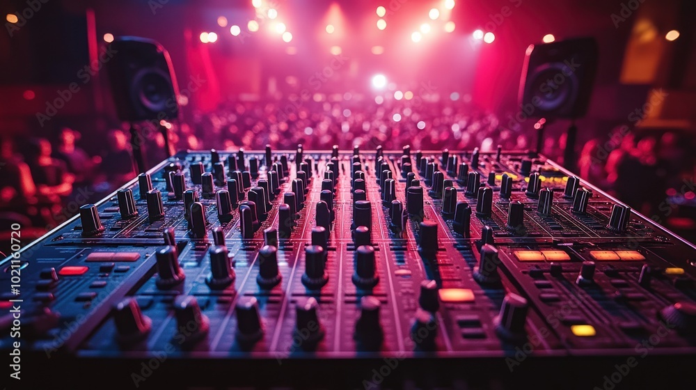 Poster dj equipment in a lively venue with an audience in the background.