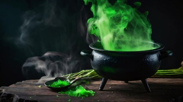 A cauldron filled with green potion is bubbling and emitting smoke on a wooden table A cauldron bubbling with a mysterious potion and green smoke