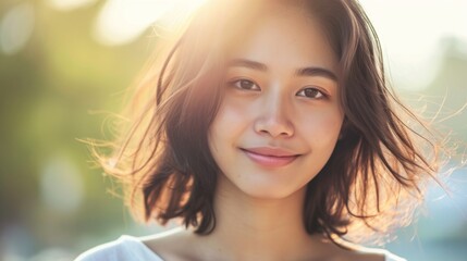 Fototapeta premium Smiling Young Woman Portrait with Sunlit Hair