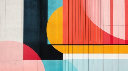 Vibrant abstract geometric mural with bold primary colors and shapes on a public wall.