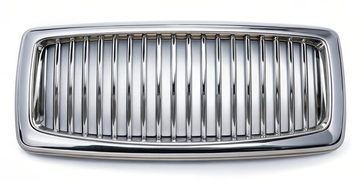 Close-up of a chrome grille with horizontal bars, a simple design with a metallic gleam and shiny surface.