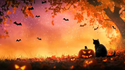 Black Cat Near Glowing Pumpkin in Autumn Scenery