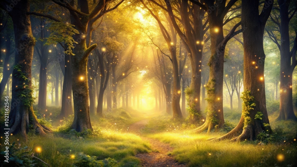 Poster a mystical path through a forest illuminated by golden light, the air filled with the glow of firefl