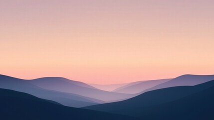 Serene landscape of rolling hills under a pastel sunrise sky, creating a peaceful and tranquil atmosphere.