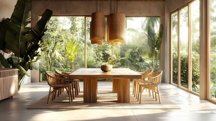 Fototapeta premium A bright, modern dining area with a wooden table, woven chairs, and large windows showcasing a lush garden view.