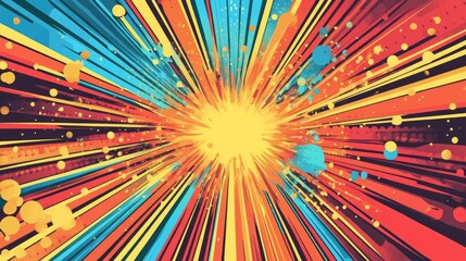 Colorful abstract explosion with vibrant blue, red, and yellow rays emanating from a central bright spot.