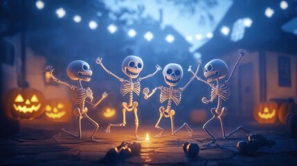 Fun Cartoon Skeletons Celebrating Halloween Together