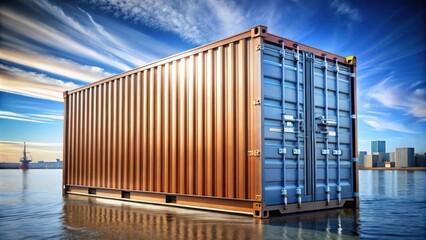 A rusty shipping container floats on the calm waters of a harbor, its steel doors closed and ready for its next journey.