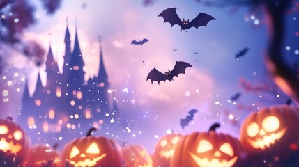 Naklejka premium Playful Bats Flying Over Haunted Castle at Night