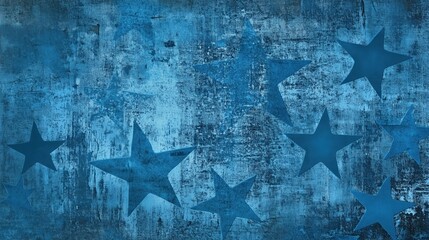 Abstract background featuring blue stars and shapes on a grunge texture, creating a star pattern in dark colors. This design is perfect for military themes or festive celebrations, conveying a sense o