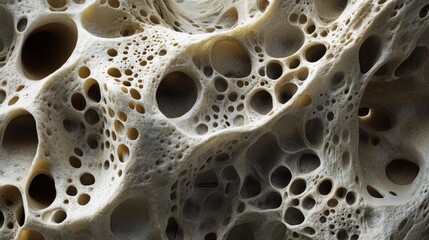 Intricate close-up of porous material showcasing organic shapes and textures in a light beige hue.