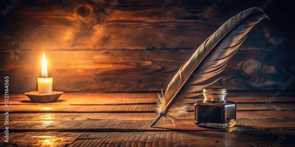Poster a quill pen rests beside an inkwell, illuminated by the soft glow of a candle on a rustic wooden sur