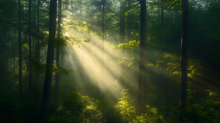 Fototapeta premium 清晨阳光透过绿色茂密的森林