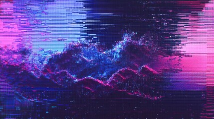 A mesmerizing abstract digital art piece featuring vibrant pink, purple, and blue hues with a glitchy, wave-like texture.