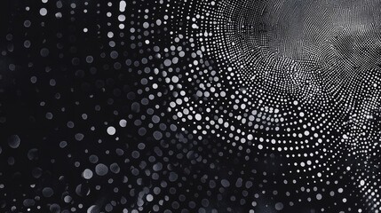 Abstract monochrome design featuring a swirling pattern of white dots over a black background.