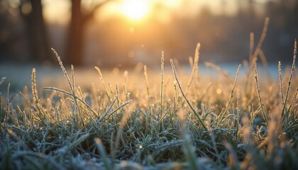 Obraz premium Frost-Covered Grass at Sunrise, Close-Up Winter Morning Scene