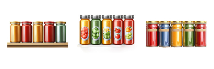 Obraz premium Colorful Preserved Jars on Wooden Shelf Isolated on Transparent Background