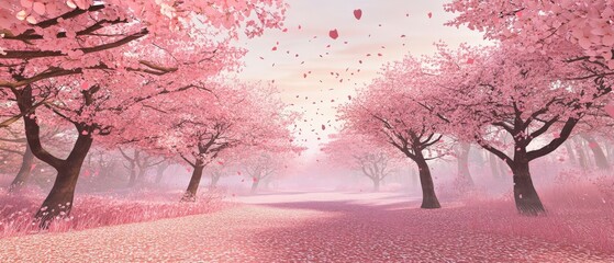 Enchanting cherry blossom path with petals in the air creating a serene and dreamy atmosphere.