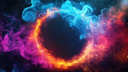 A vibrant circular swirl of fiery orange, deep blue, and swirling pink smoke set against a starry background.